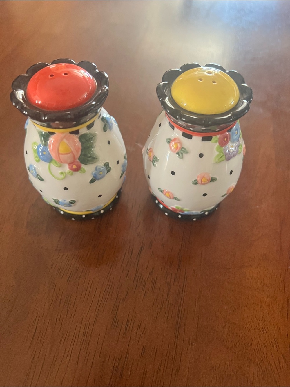 Mary Englebriet -Painted Floral Ceramic Salt and Pepper Shaker Set